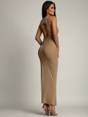 Fitted basic dress with a cutout on the back, beige FG669 - Online store - Boutique